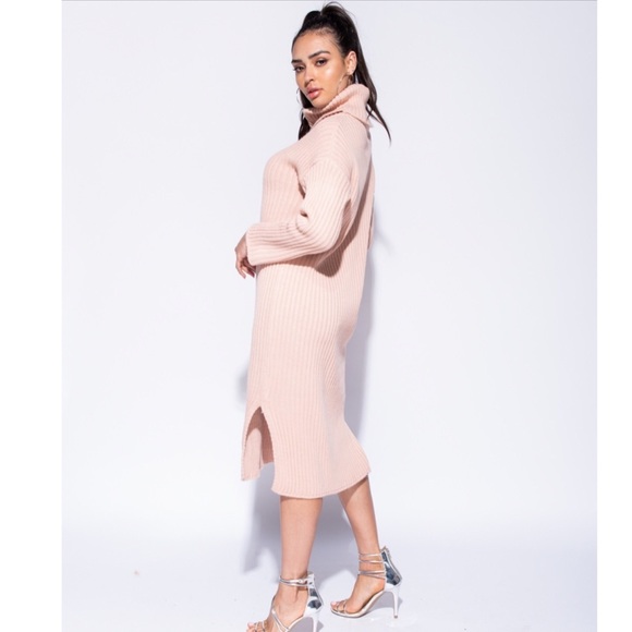 π§ HP π§ Blush Pink Turtleneck Rib Knit L/S Slit Dress - Picture 3 of 6